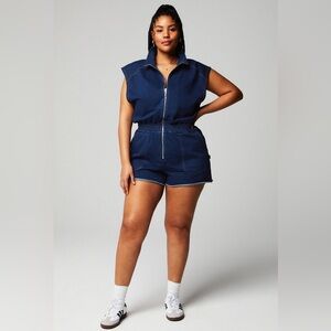 FABLETICS 2X Terry Short Onsie Romper Indigo denim Jean Shorts NWT Zip One Piece